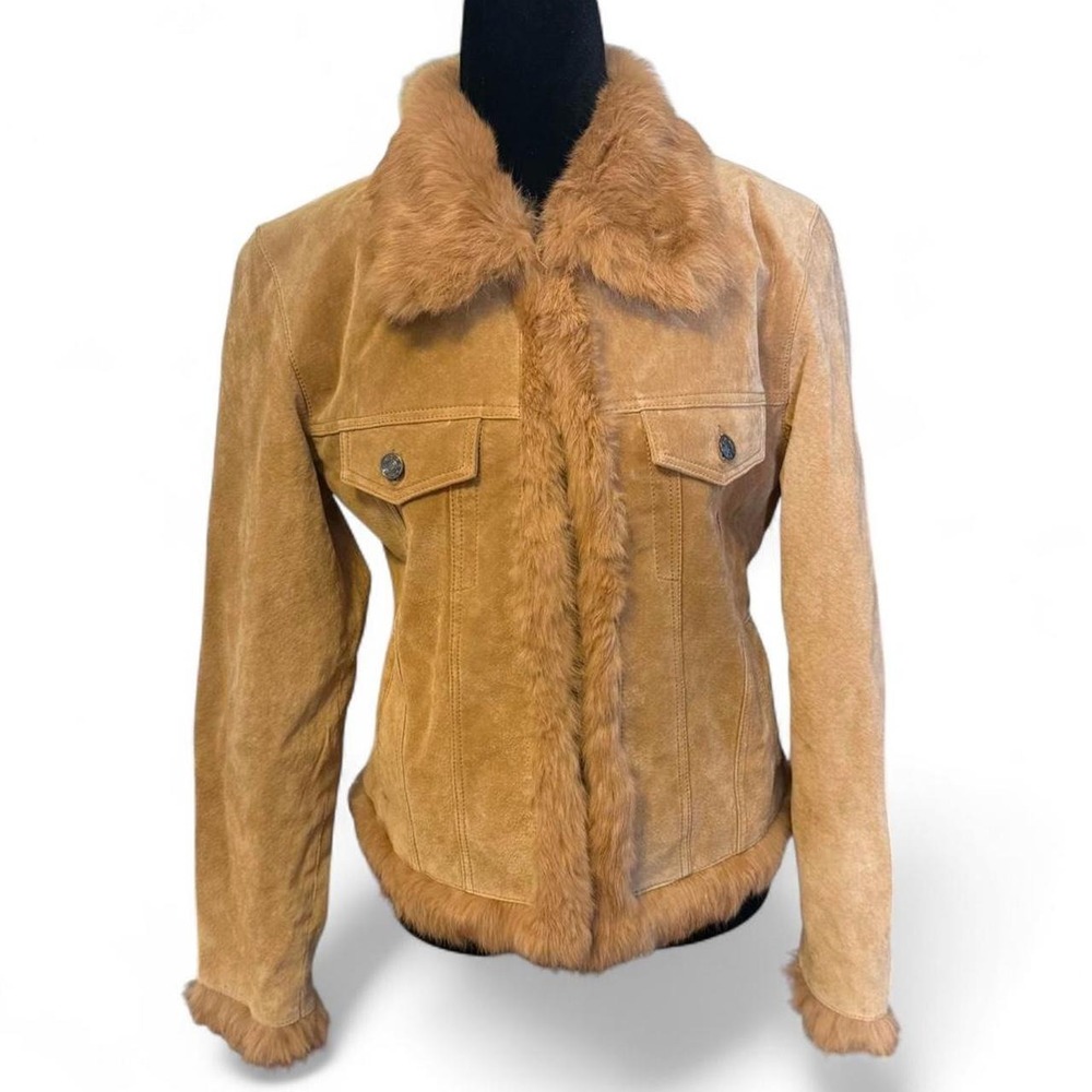 Wilsons Leather Pelle Studio Vintage Y2K Brown Suede Fur Trim Jacket Small